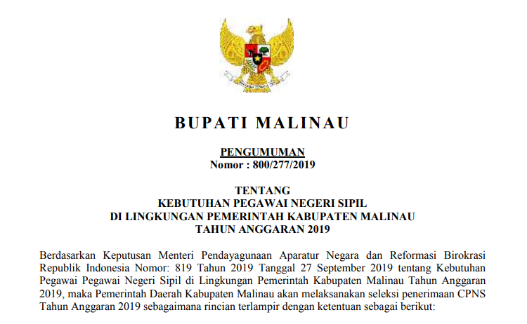 Kebutuhan Pegawai Negeri Sipil Di Lingkungan Pemerintah Kabupaten Malinau Tahun Anggaran 2019