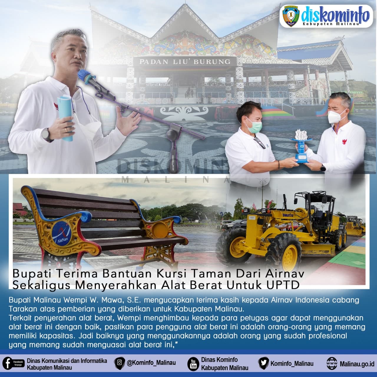 Bupati Terima Bantuan Kursi Taman Dari Airnav dan Menyerahkan Alat Berat Untuk UPTD