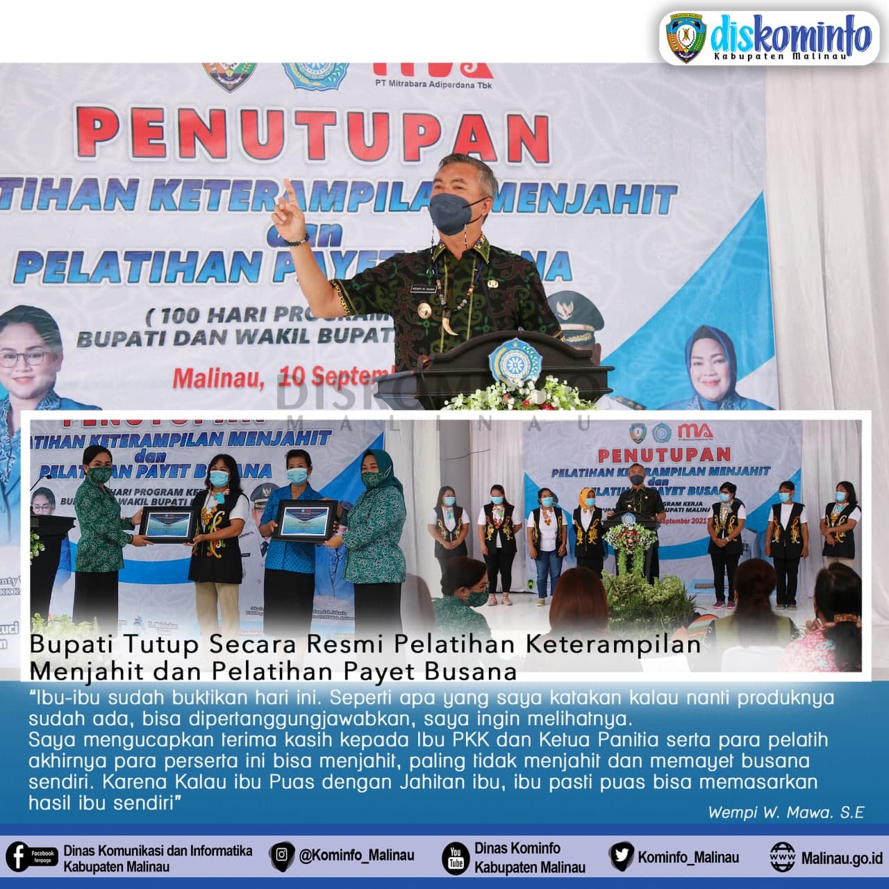 Bupati Tutup Secara Resmi Pelatihan Keterampilan Menjahit dan Pelatihan Payet Busana