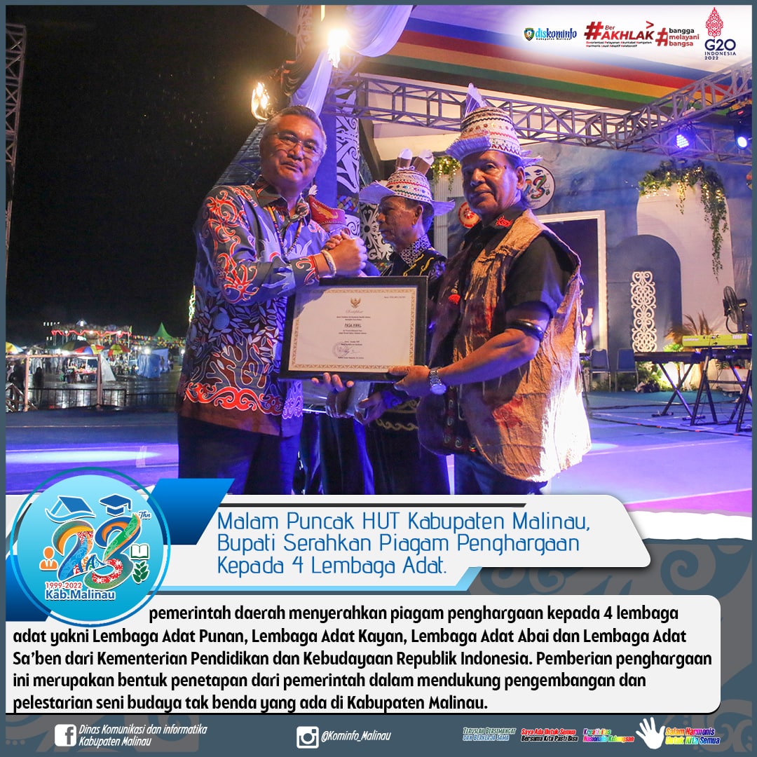 Malam Puncak Resepsi HUT Kabupaten Malinau, Bupati Serahkan Piagam Penghargaan Kepada 4 Lembaga Adat