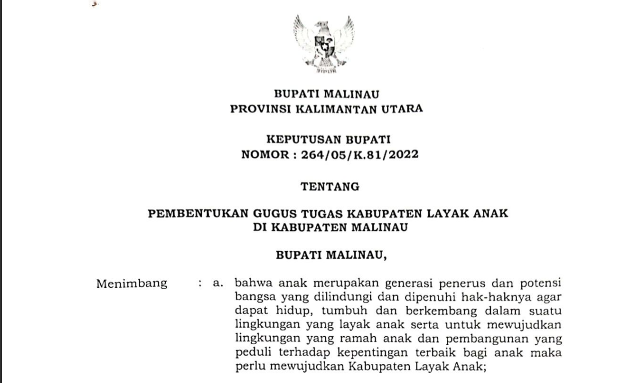 SK Pembentukan Gugus Tugas Kabupaten Layak Anak di Kabupaten Malinau
