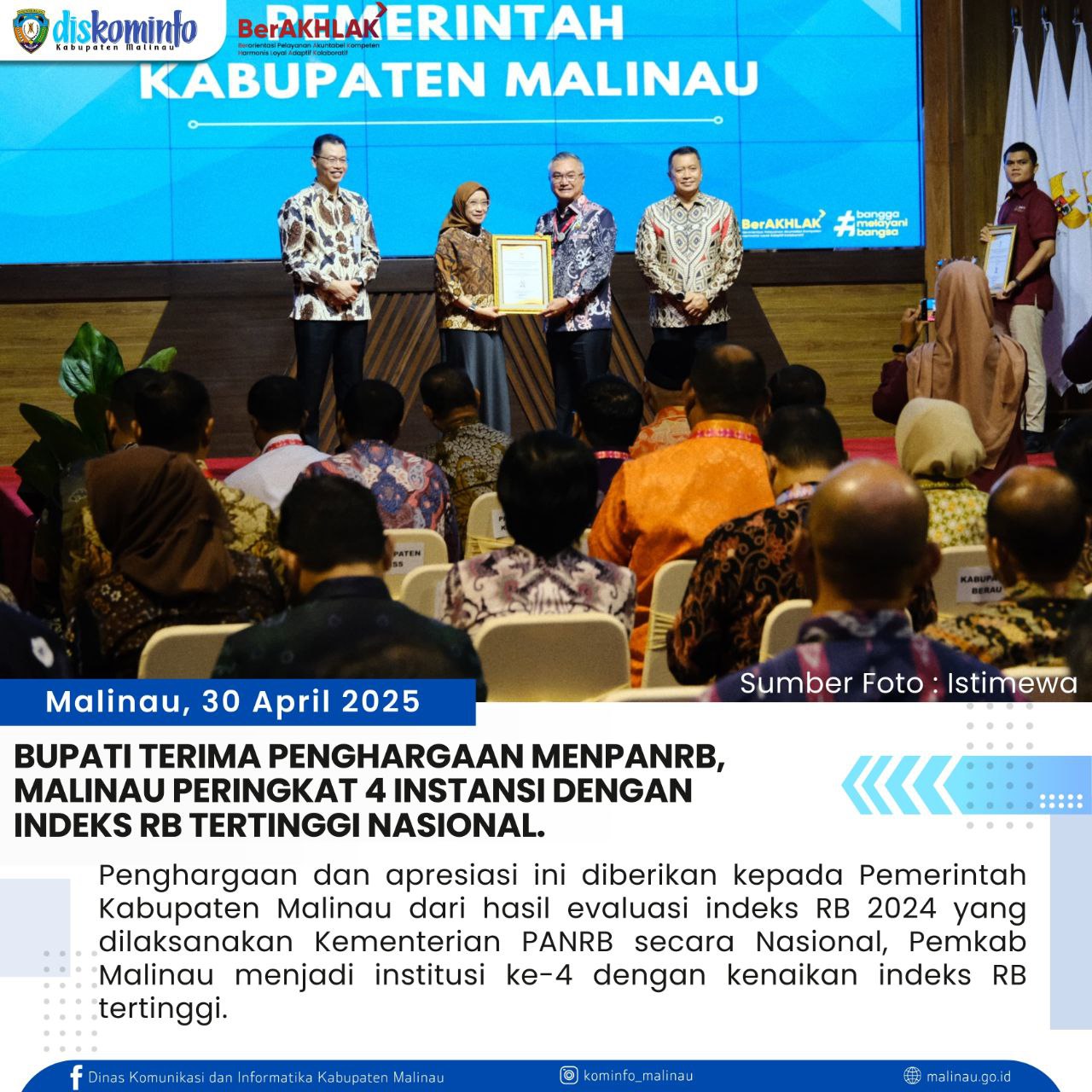 Bupati Terima Penghargaan MenPANRB, Raih Peringkat 4 Instansi Dengan Indeks RB Tertinggi Nasional