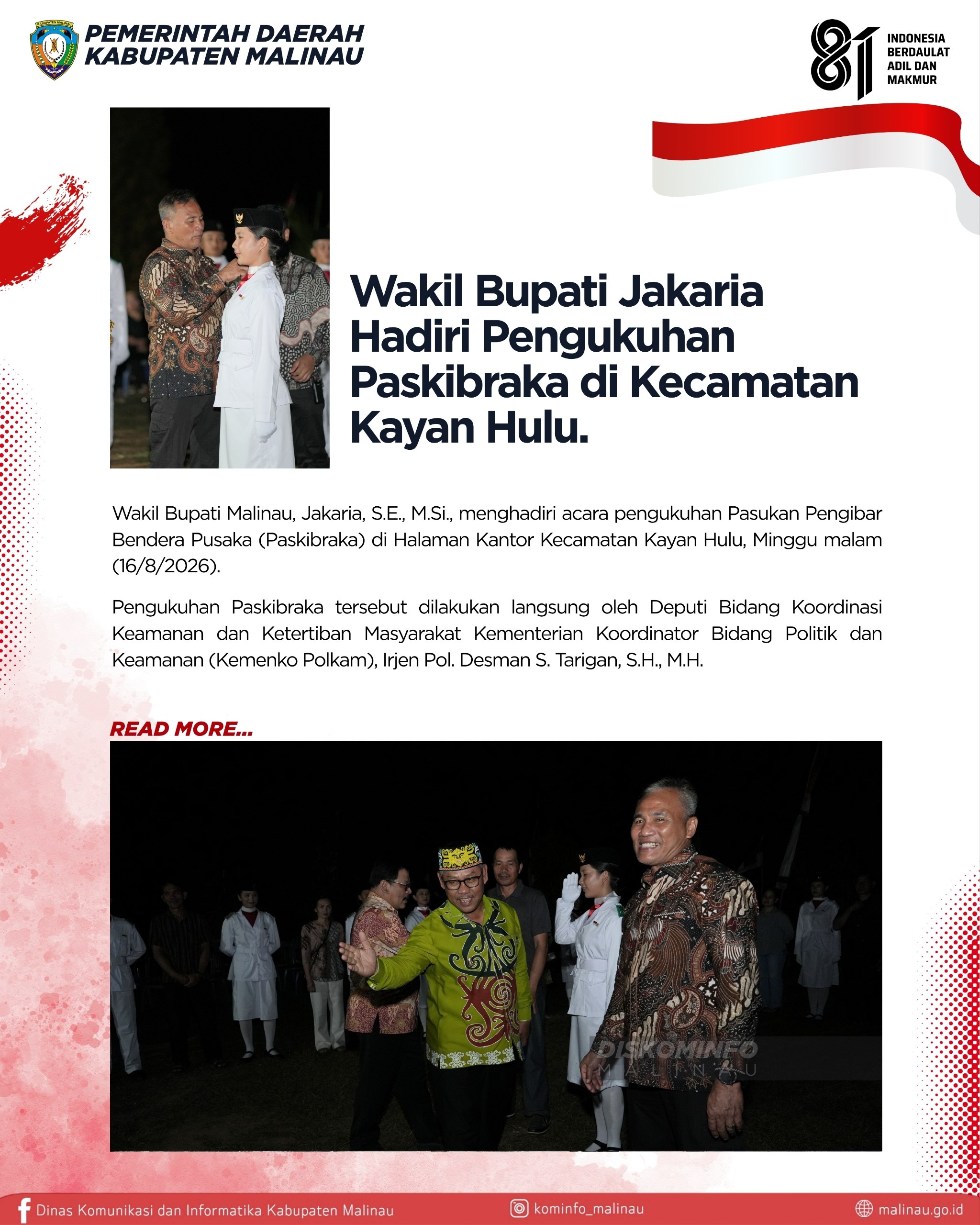 Wakil Bupati Jakaria Hadiri Pengukuhan Paskibraka di Kecamatan Kayan Hulu