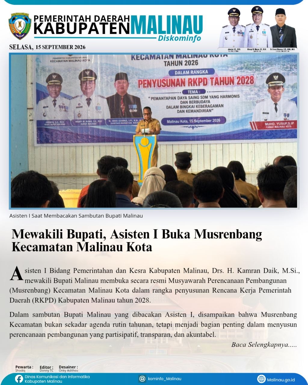 Mewakili Bupati, Asisten I Buka Musrenbang Kecamatan Malinau Kota
