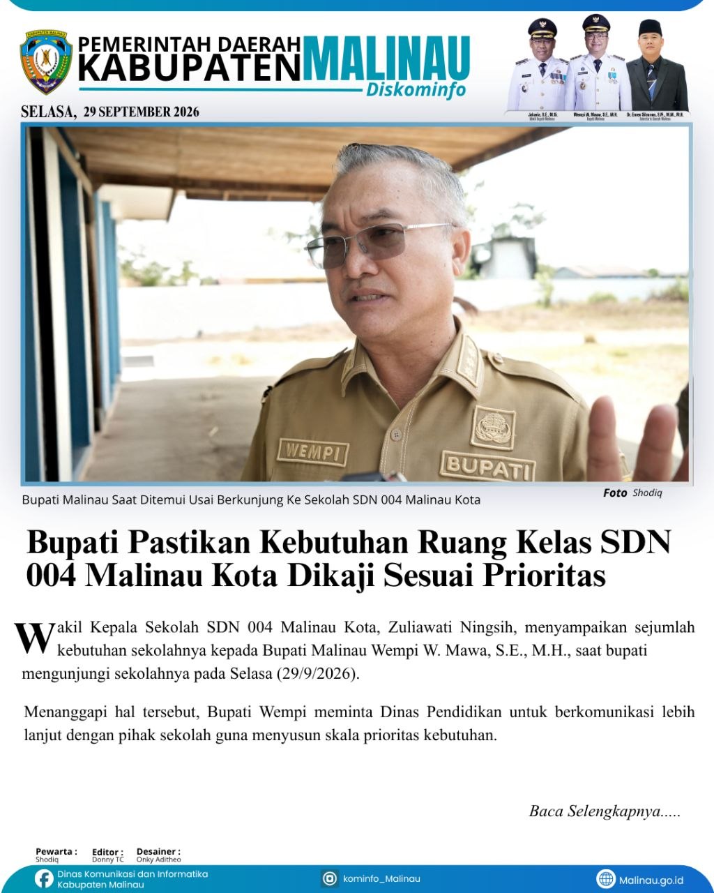 Bupati Pastikan Kebutuhan Ruang Kelas SDN 004 Malinau Kota Dikaji Sesuai Prioritas