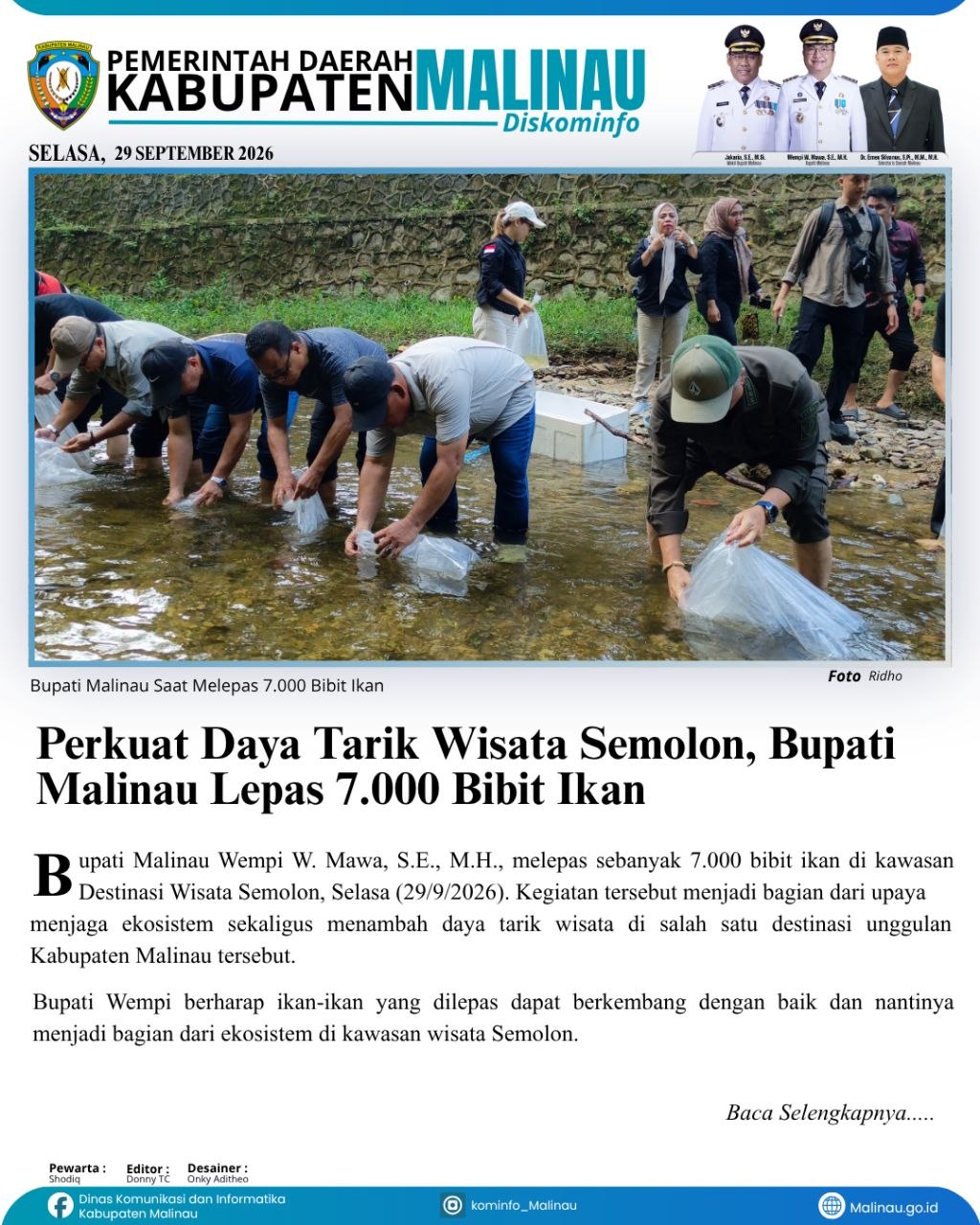 Perkuat Daya Tarik Wisata Semolon, Bupati Malinau Lepas 7.000 Bibit Ikan