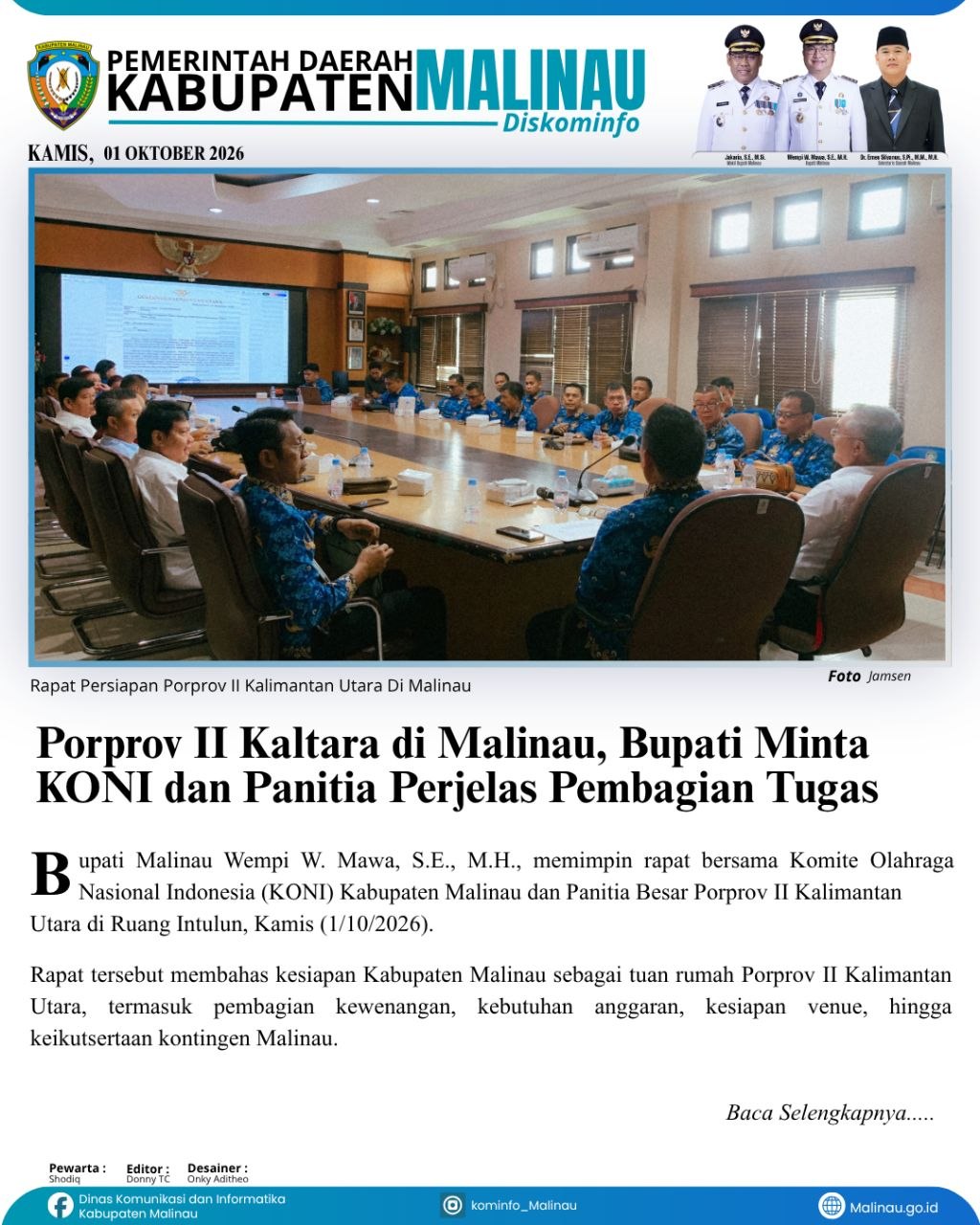 Porprov II Kaltara di Malinau, Bupati Minta KONI dan Panitia Perjelas Pembagian Tugas