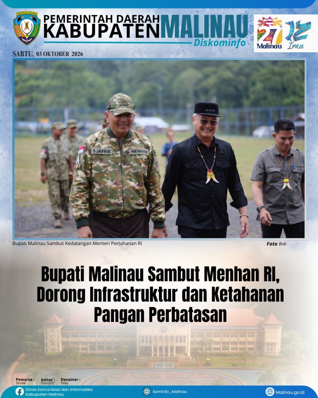 Bupati Malinau Sambut Menhan RI, Dorong Infrastruktur dan Ketahanan Pangan Perbatasan