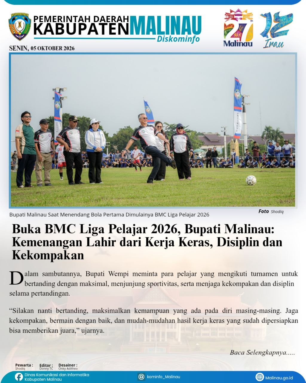 Buka BMC Liga Pelajar 2026, Bupati Malinau: Kemenangan Lahir dari Kerja Keras, Disiplin dan Kekompakan