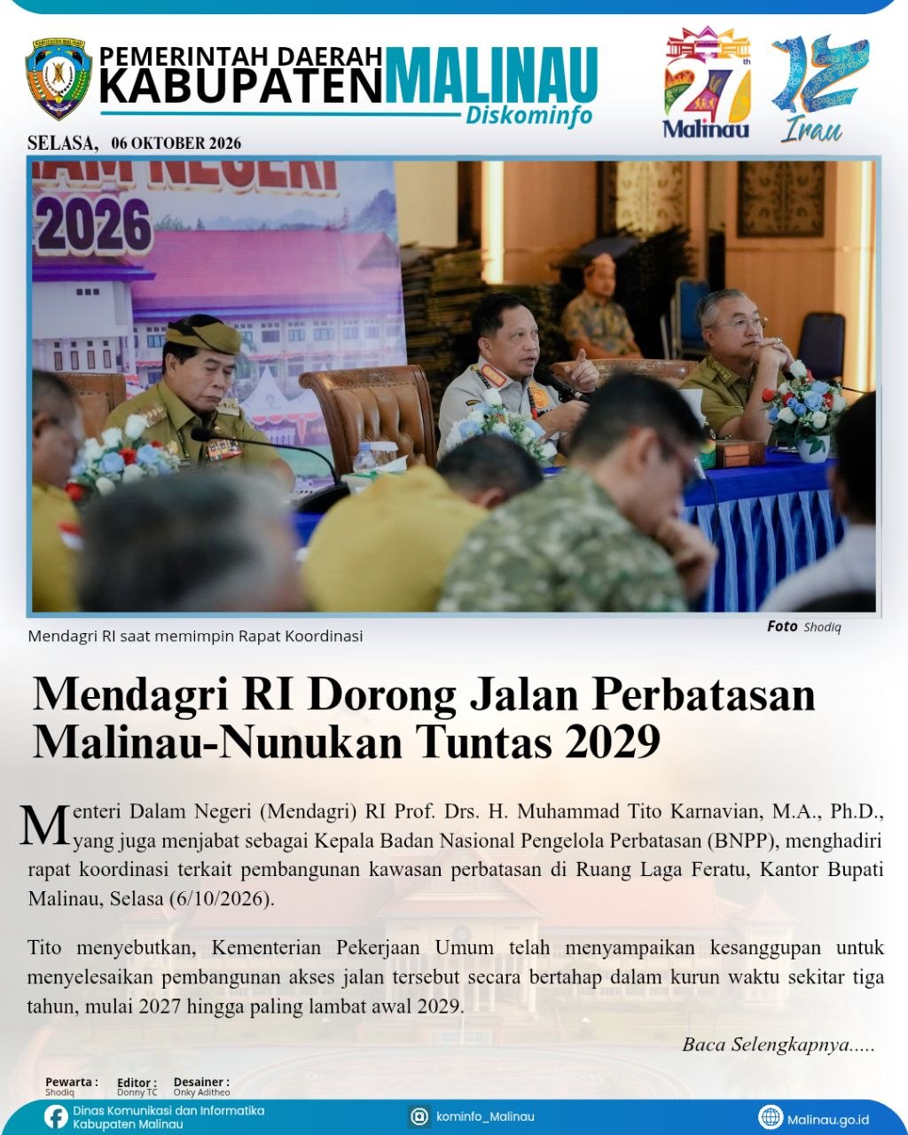 Mendagri RI Dorong Jalan Perbatasan Malinau-Nunukan Tuntas 2029