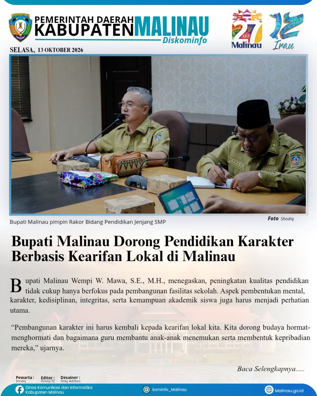 Bupati Malinau Dorong Pendidikan Karakter Berbasis Kearifan Lokal di Malinau
