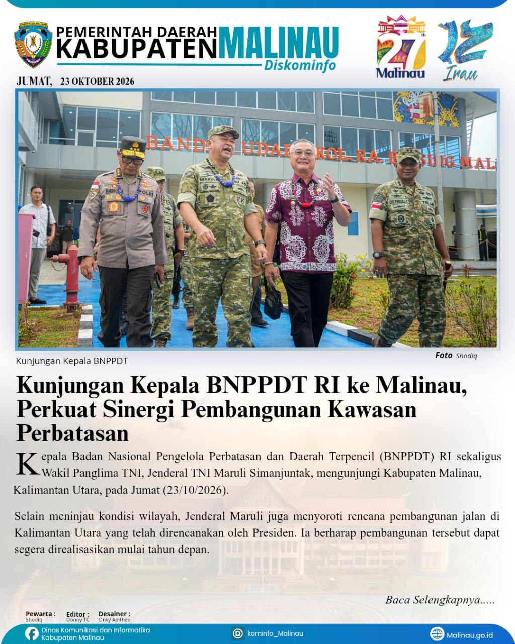 Kunjungan Kepala BNPPDT RI ke Malinau, Perkuat Sinergi Pembangunan Kawasan Perbatasan