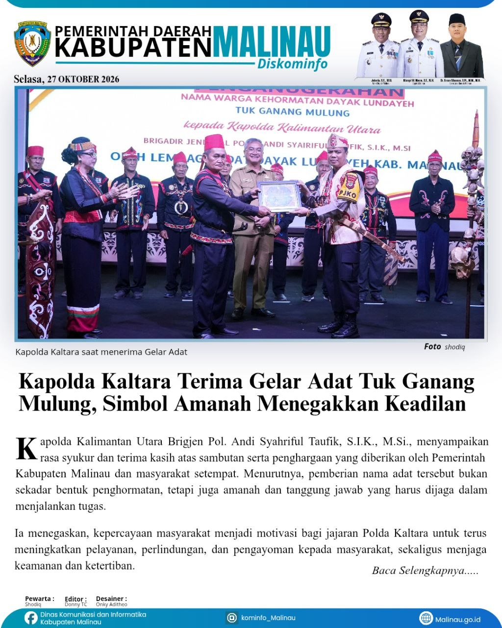 Kapolda Kaltara Terima Gelar Adat Tuk Ganang Mulung, Simbol Amanah Menegakkan Keadilan
